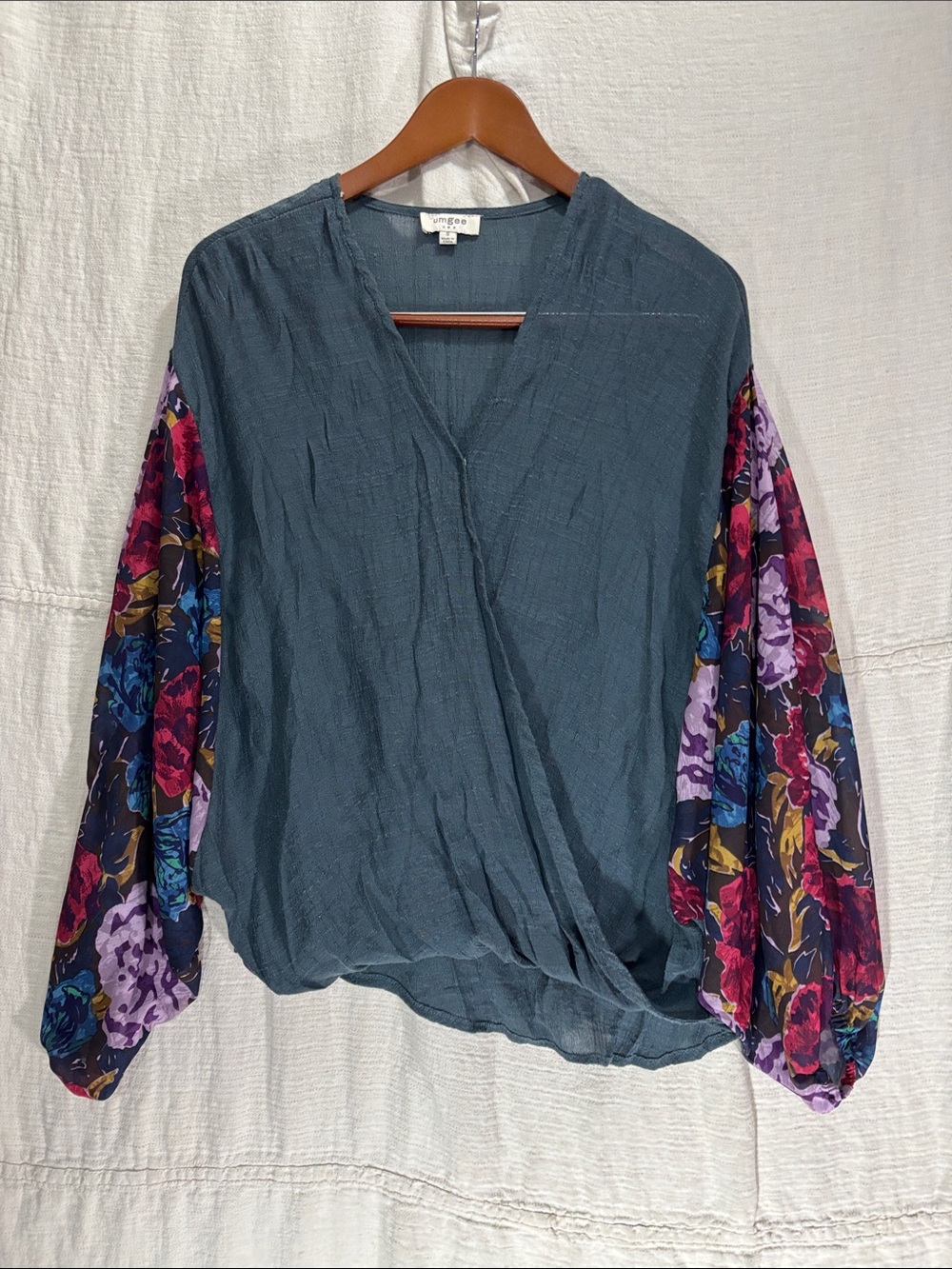 Umgee Teal Boho Wrap Blouse with Sheer Multicolor Floral Balloon Sleeves Small